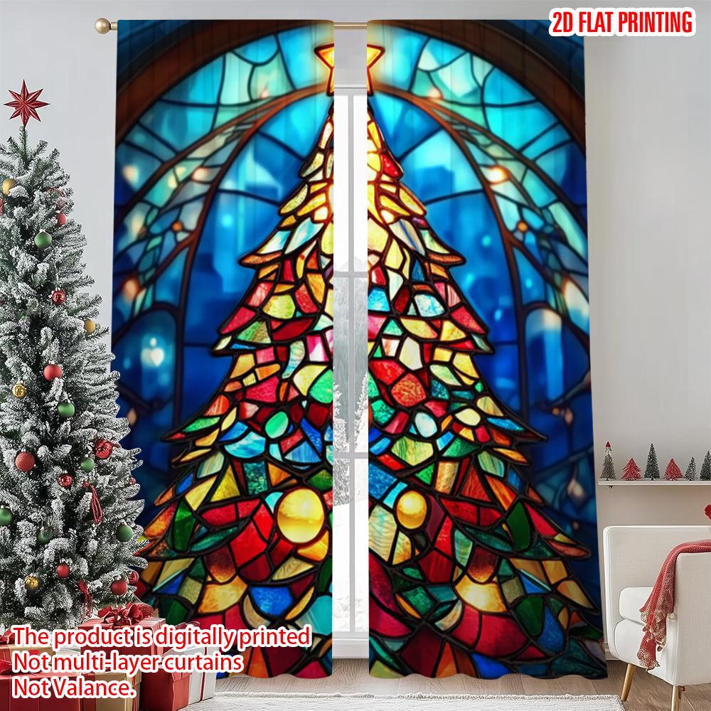 

2pcs 2D flat printing Merry Christmas Popular Curtain Christmas tree stained glass style Versatile Polyester Fabric Without 52.50×116.00 CM 2pcs