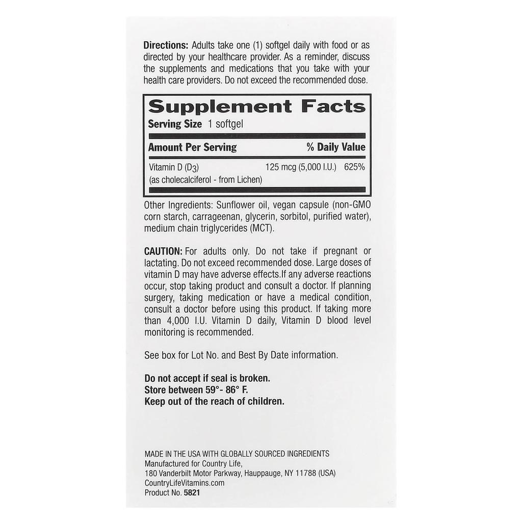 Vegan Certified D3, 125Mcg (5,000Iu), 60 Vegan Softgels