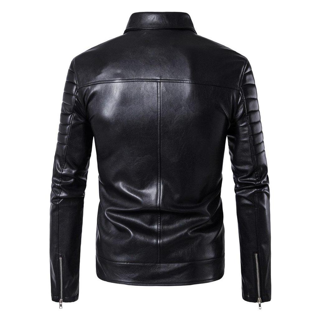 Men's leather jacket with multiple zippers, men's leather messenger bag, motorcycle-style PU leather jacket for riding a Harley motorcycle.