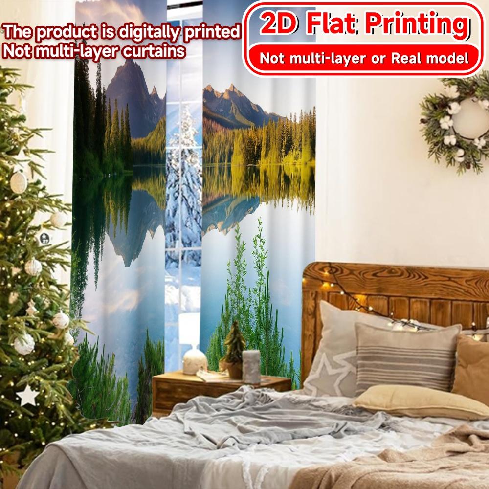 2pcs, 2D FLAT PRINTING Curtains (Without Rod) Mountain Reflection Holiday Printed Curtains Versatile Polyester Curtains Outdoor
