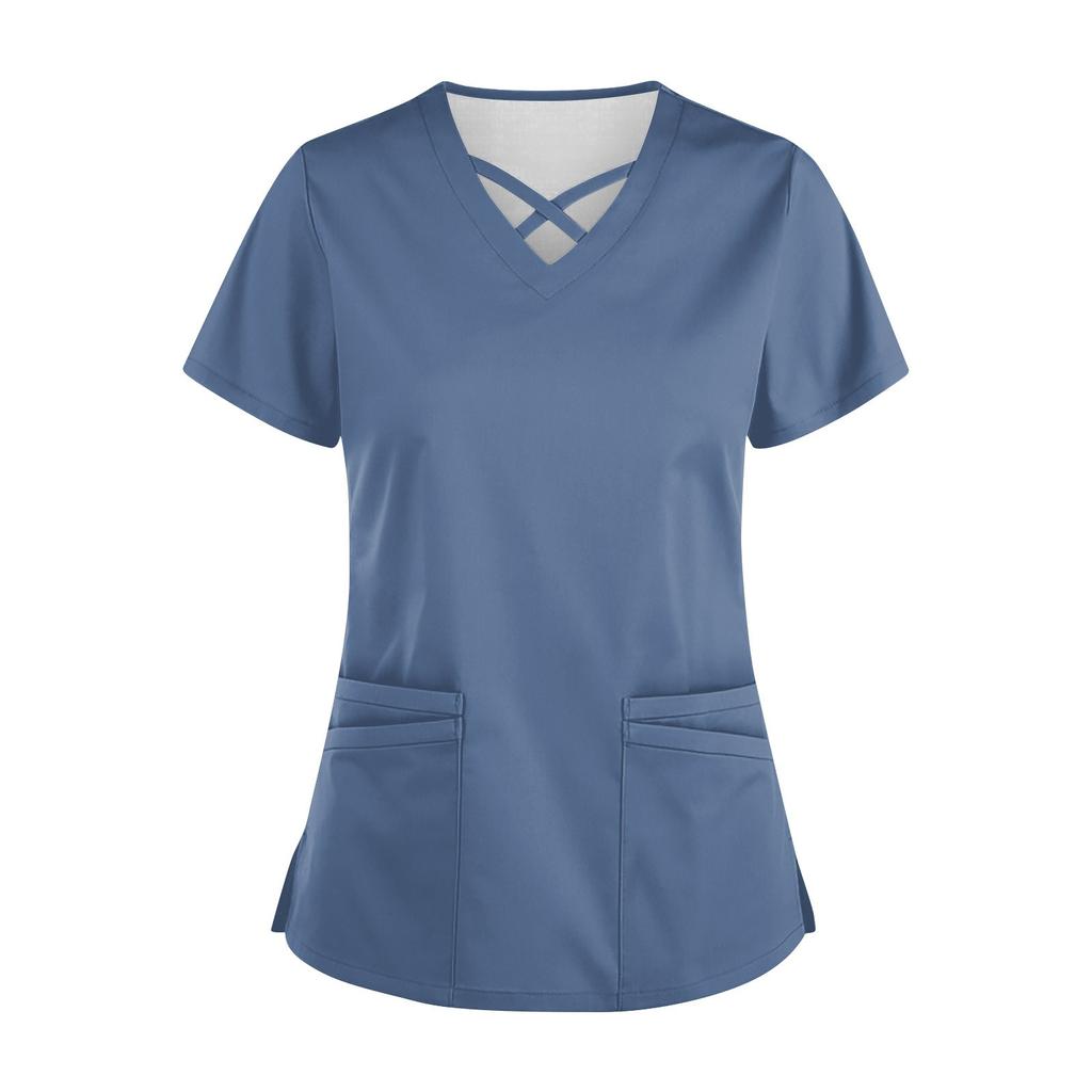 Women’s Short Sleeve V Neck Scrub Top with Cross Neckline and Two Front Pockets for Uniforms