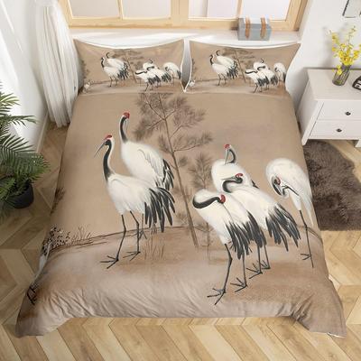 Weißer Kranich Bettbezug Wildvogel Tier Bettwäsche Set Tuschemalerei Deckenbezug Bäume Äste Botanische Pflanzen Steppdeckebezug