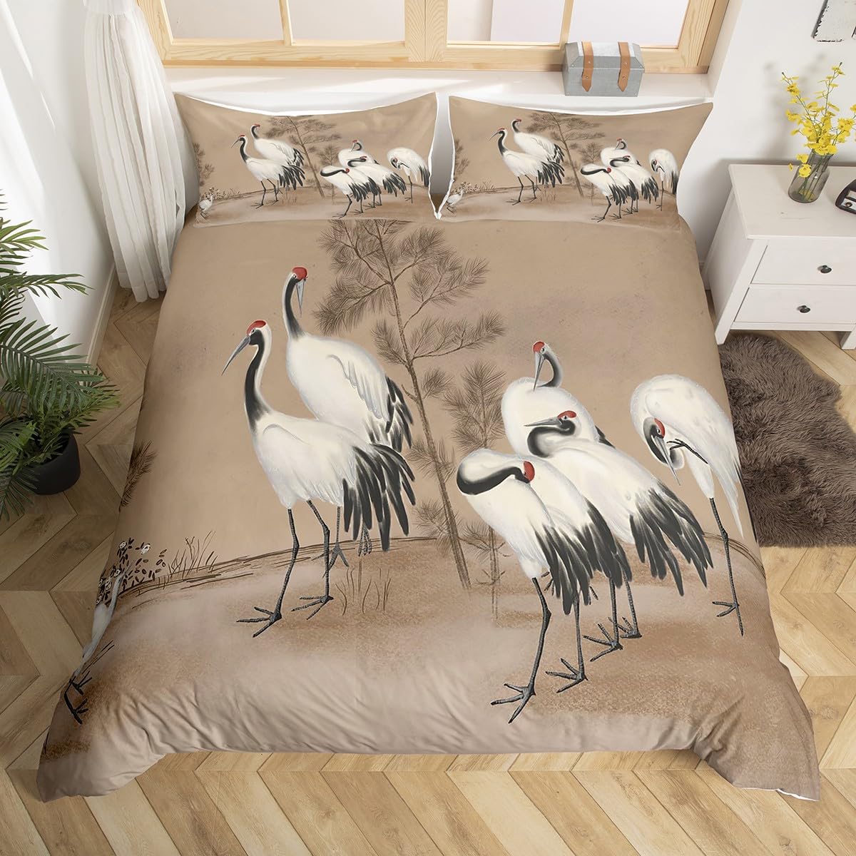 

White Crane Down Duvet Cover Queen King Size Wild Bird Animal Bedding Set Ink Painting Quilt Cover Trees Branches Plants 3 Pcs US Full(200*230cm)3pcs