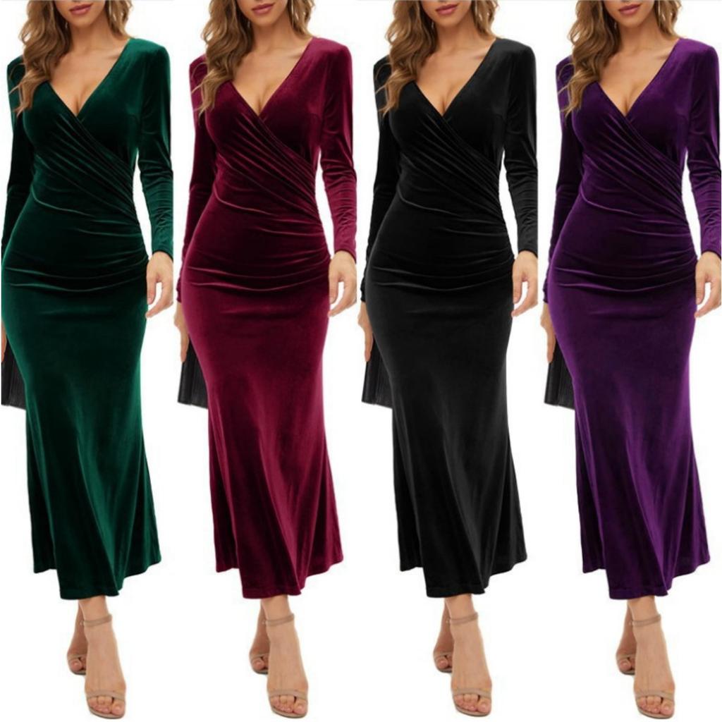 Fall Winter Women Velvet V-Neck Ruffle Bodycon Mermaid Evening Dress Elegant Slim Fit Cocktail Party Gown
