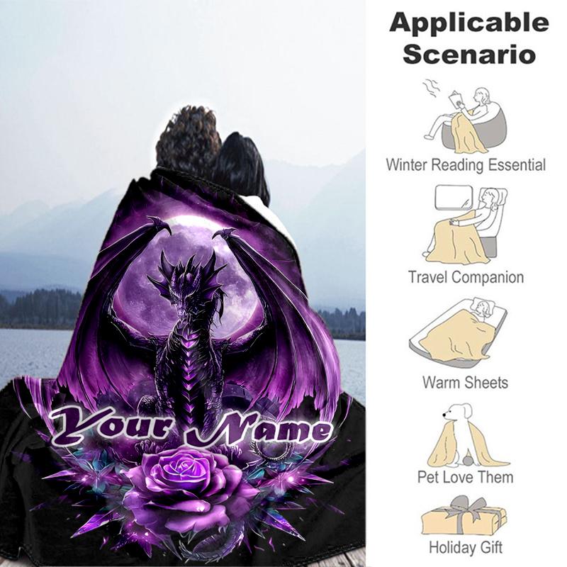 1PC Custom Name Purple Dragon Fantasy Art outdooor Flannel blankets Throw Blanket All-Season Throw Gift Bedspread for Couch, Bed, Camping Holiday Birt