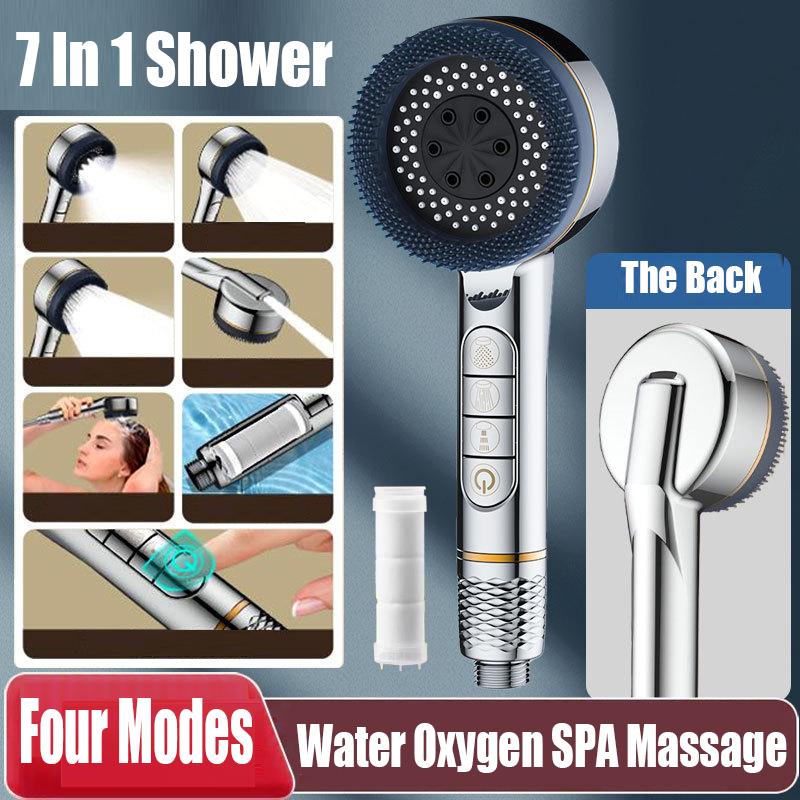 7 IN 1 High Pressure Shower Head 4 Modes Adjustable Showerhead Water Saving One-Key Stop Water Spray Nozzle Bathroom Accessories
