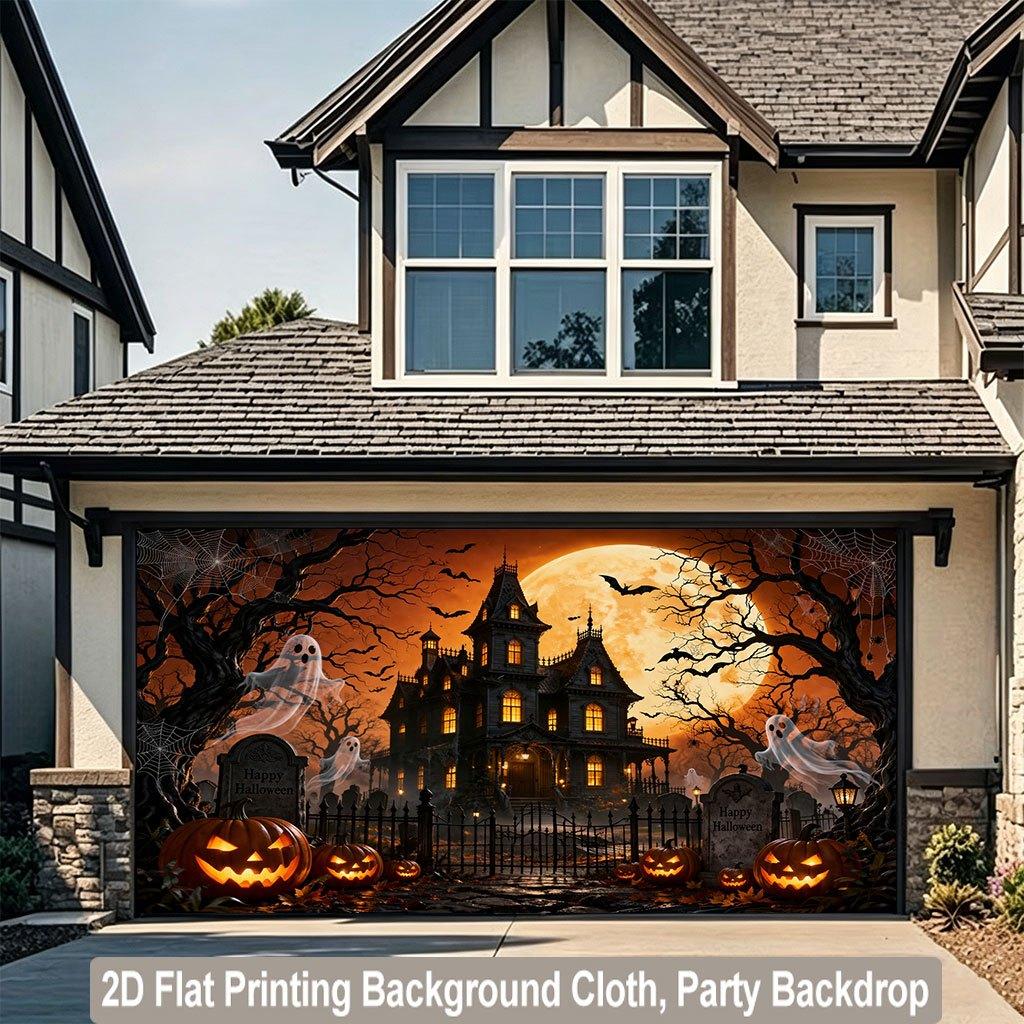 1 piece of 2D flat background fabric, a banner featuring a gathering of pumpkin ghosts on Halloween night, suitable for parties