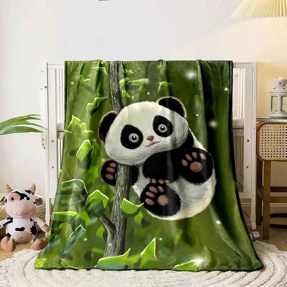 Cute Panda Hanging on Bamboo Tree Artwork Flannel blanket for bedroom, living room, sofa, and nap sofas