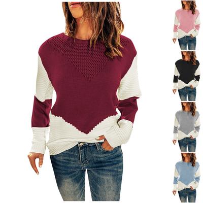 Women's Fashion Casual Knitted Top Round Neck Clashing Colour Bottom Shirt Pullover Sweater