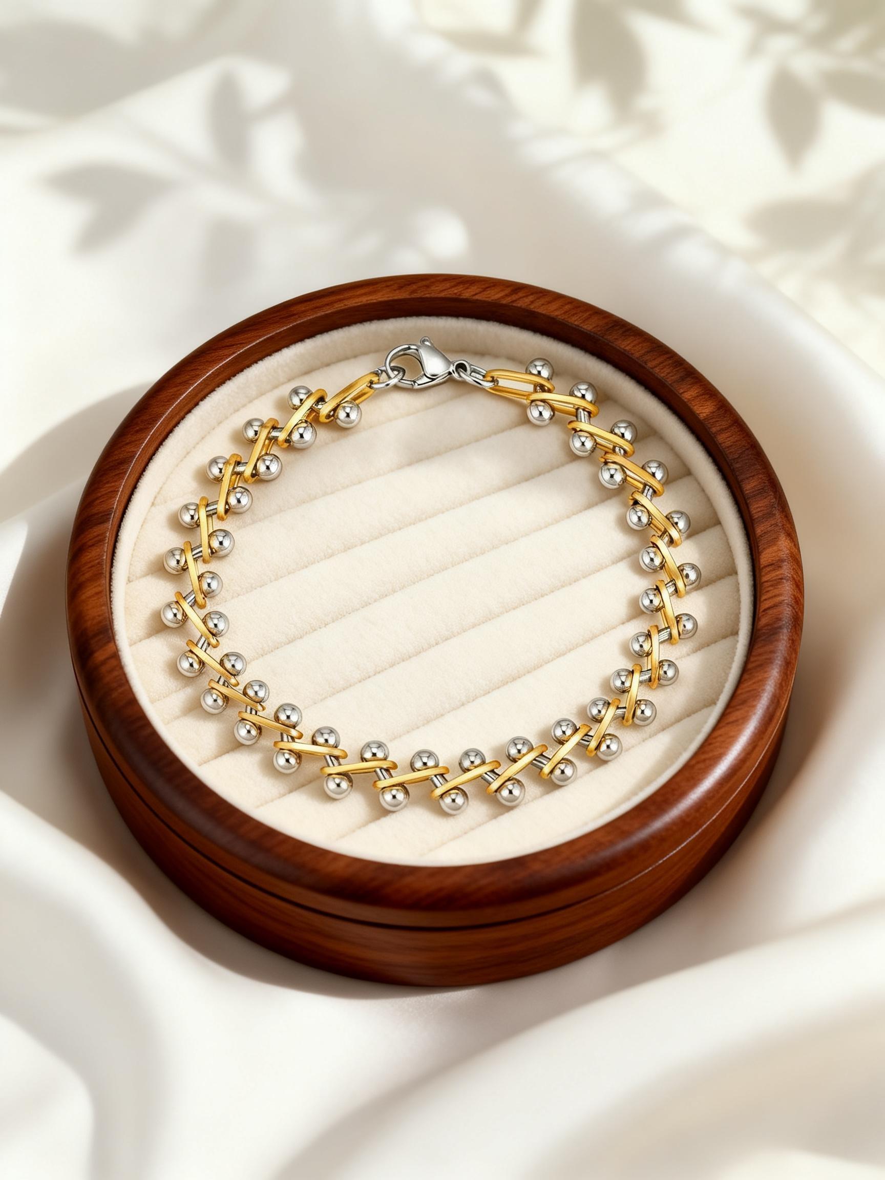 

Two-Tone Gold&Silver Color Beaded Link Bracelet for Women Non-Fading Thick Chain Bracelets Geometric Design Jewelry Gift