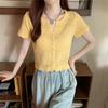 Verão Novo Feminino Pequeno Fresco Decote V Cintura Exposta Seção Curta Malha Vazada Manga Curta Cardigan Camiseta Tops Casuais Essenciais Slim Fit Pullovers Camisetas