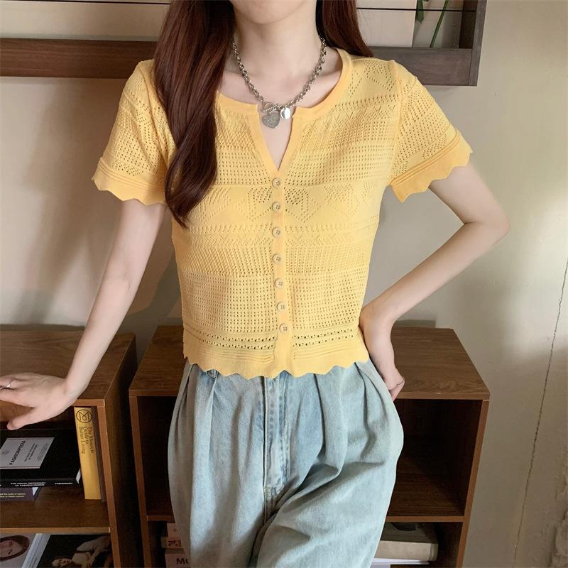 Verão Novo Feminino Pequeno Fresco Decote V Cintura Exposta Seção Curta Malha Vazada Manga Curta Cardigan Camiseta Tops Casuais Essenciais Slim Fit Pullovers Camisetas