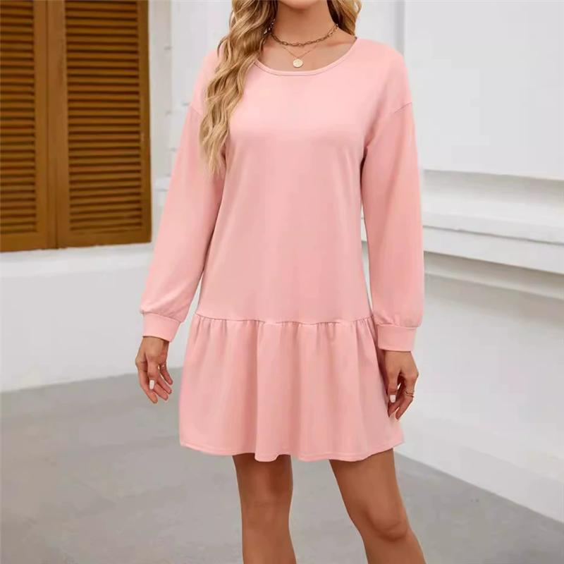Women's Dress Autumn Winter Female Solid Round Neck Long Sleeve Loose Fashion Casual Simple Dress Women
