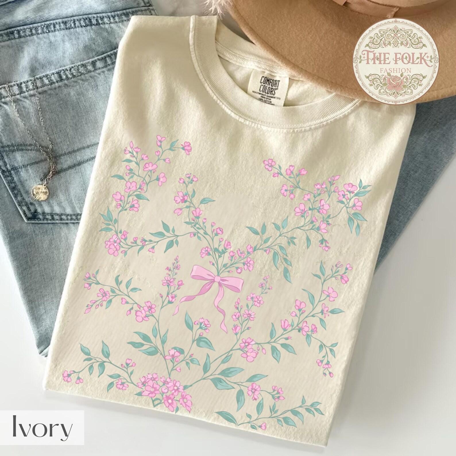 Coquette Pink Bow Floral Shirt, Retro Wildflower Garden Tee, Pink Ribbon Flower T-Shirt, Cottagecore Aesthetic Shirt, Dainty Botanical Gift 2XL