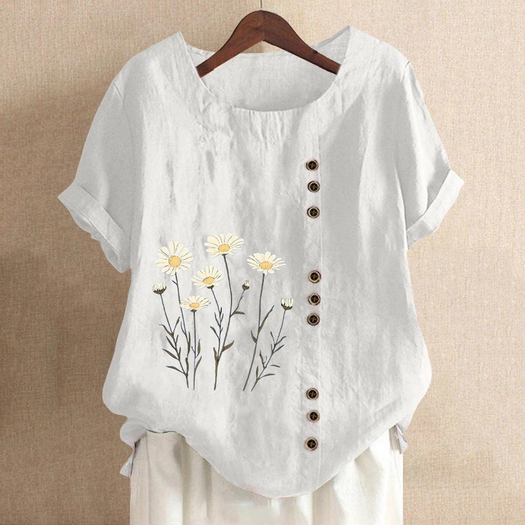 Mote dame avslappet rund hals kort erm bomull og lin trykt t-skjorte topp