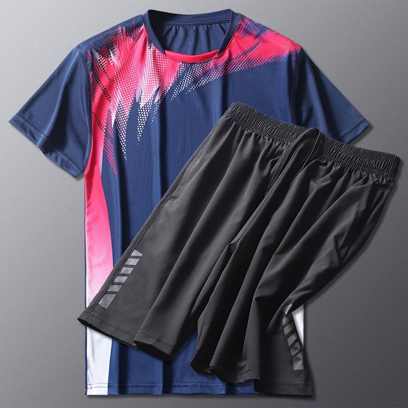 Mens Quick-Dry Breathable Badminton Tennis Sports Set Short Sleeve Loose Fit Synthetic Blend Athletic Wear