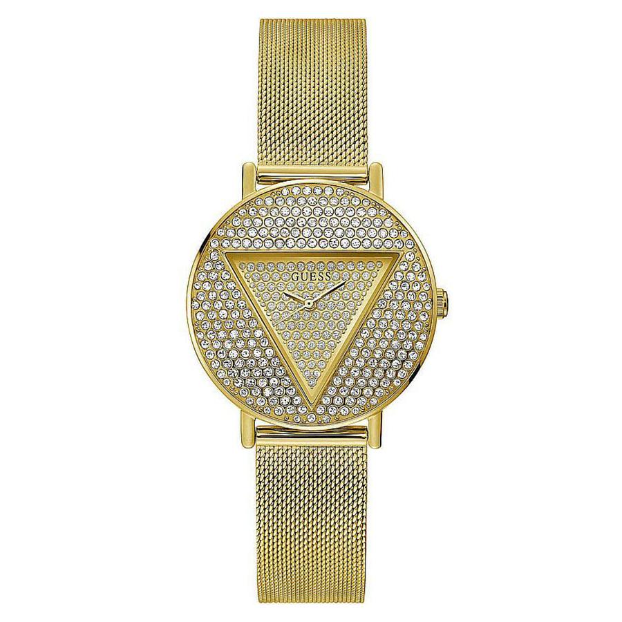 

Женские кварцевые часы Guess, золотистый стальной корпус, элегантные, с кристаллами, для вечеринок, банкетов, повседневной носки, подарки для девушек, GW0477L2