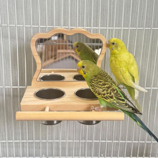 Vogelspiegel mit Sitzstange Holz Papageien-Sitzstange Futter Näpfe Und Spiegel Käfigzubehör für Wellensittiche Nymphensittiche Kanarienvögel