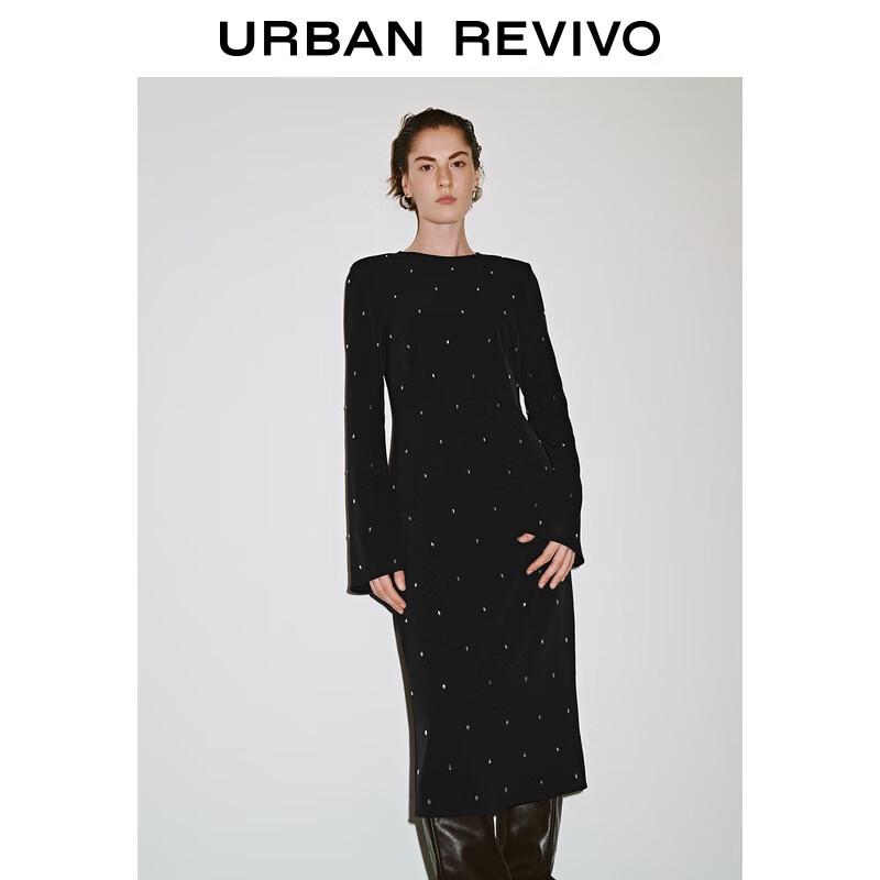 

UR 2025 Autumn Elegant Rhinestone Long Sleeve Back Slit Dress M