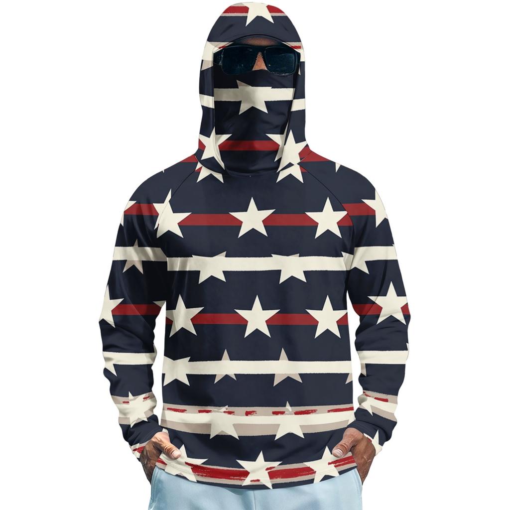 Men's Long Sleeve Quick Dry Hoodie Shirt with Flag Print Lightweight UV Protection Fishing Fitness Sports Top for Outdoor Activities