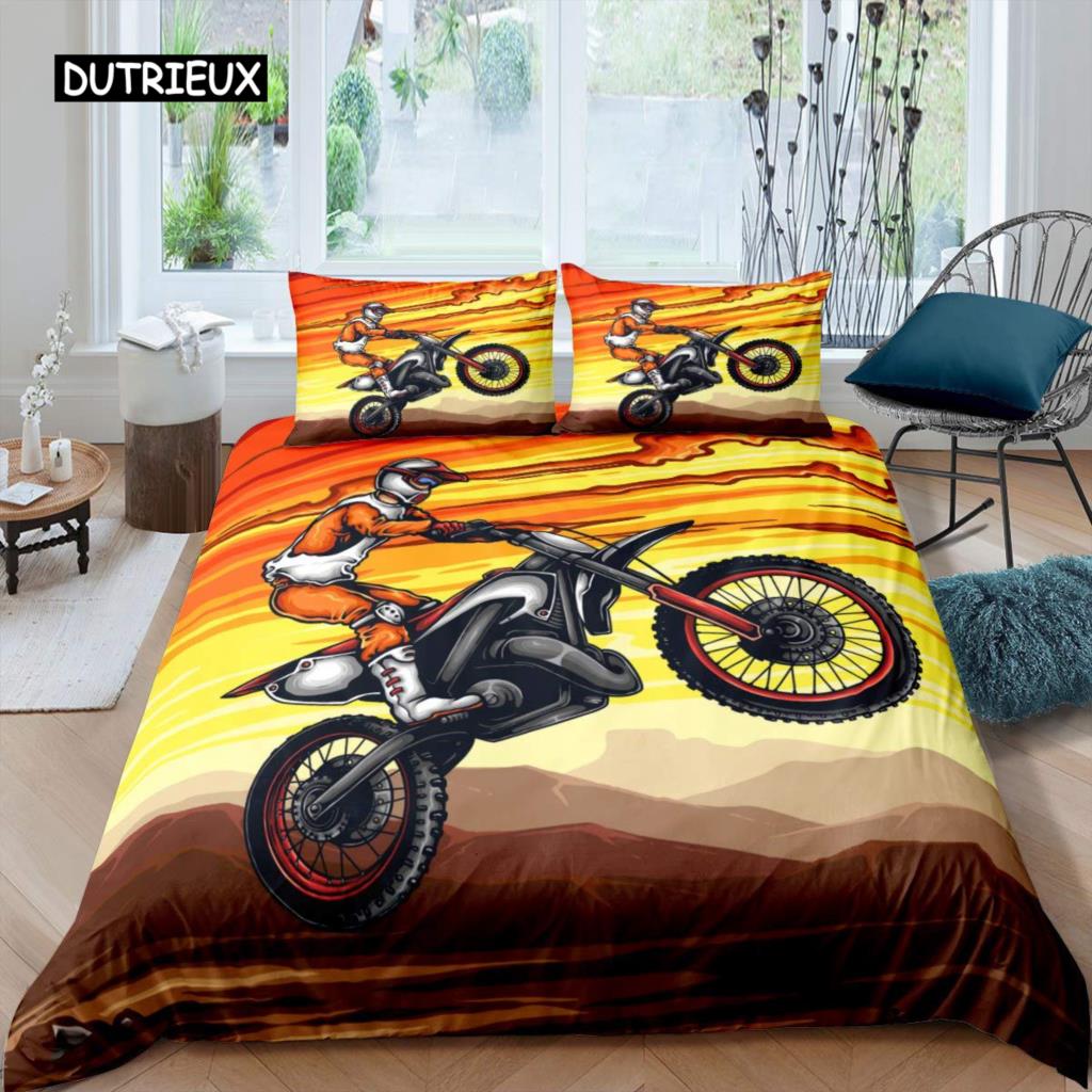 3D Motocross Rider Duvet Cover Set Microfiber Red Black Dirt Bike Extreme Sports Theme Motorcycle Pattern Bedding Set King Size