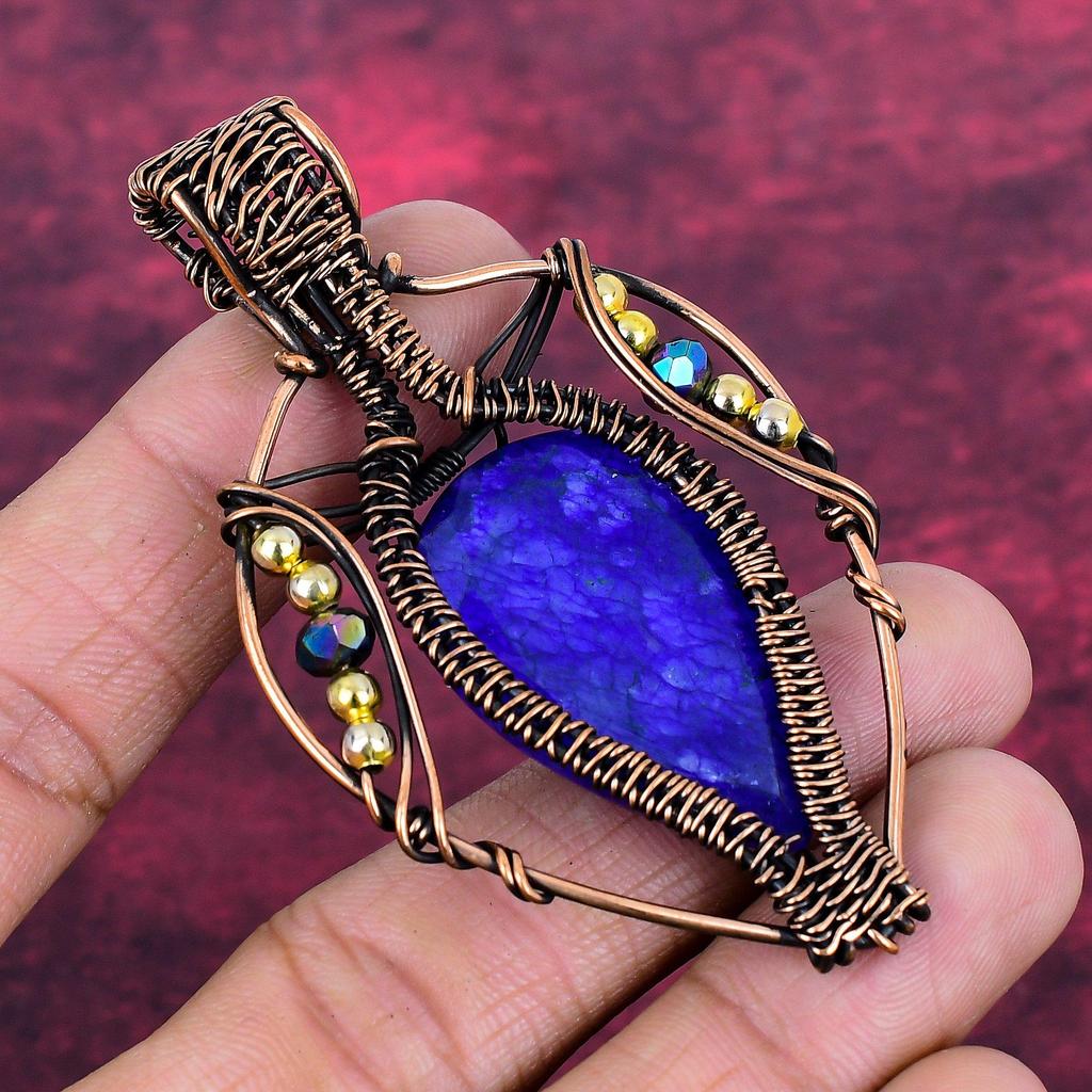 Faceted Blue Sapphire Pendant Real Gemstone Jewelry Copper Wire Wrapped Pendant