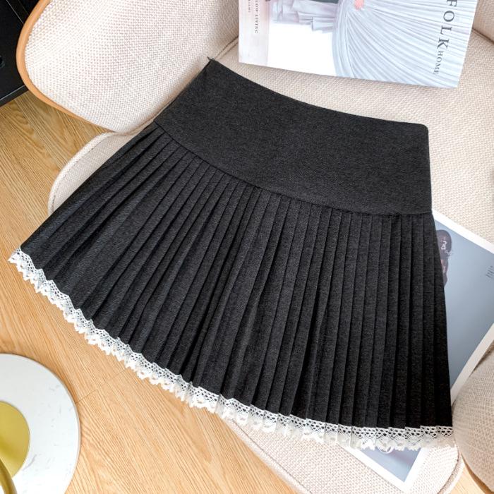 Spring Sexy Pleated Lace-Trim High Waist Woolen Skirt