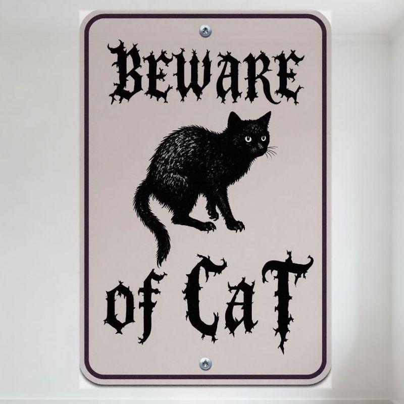 Beware of Cat Gothic Spooky Halloween Metal Tin Sign, Warning Cat Silhouette Wall Decor for Bar Pub Home, 8x12 Inch Vintage Meta