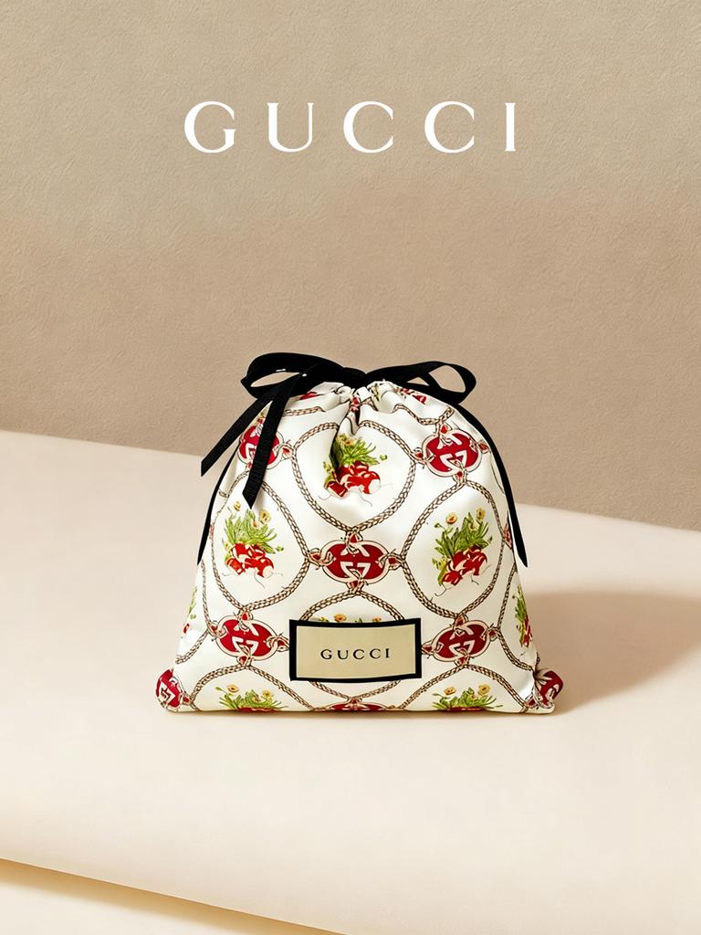 Vintage Floral Drawstring Pouch Bag, Rope Chain Print Makeup Organizer, Elegant Jewelry Storage Gift Bag GUCCI-GIFT-63