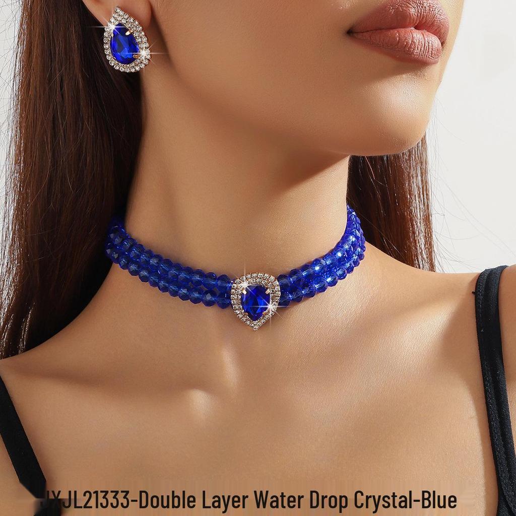 Luxuriöse doppellagige geometrische Kristallkette und rechteckiges Ohrstecker-Set