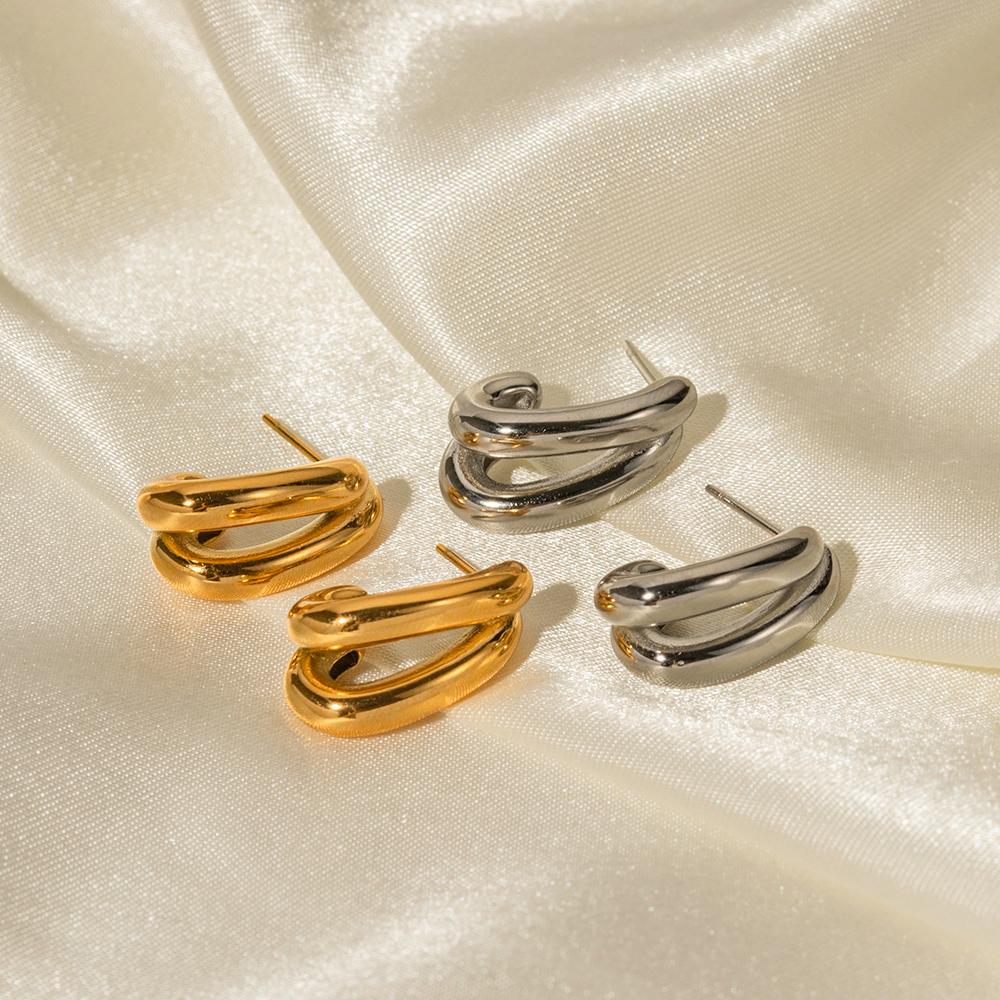 Youthway Stainless Steel Double Layer Hollow C Shape Earrings Waterproof Polished Gold Plated Chic Stylish Ear Jewelry