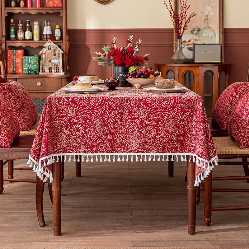 Wedding Rectangle Gold Lace Restaurant Tablecloth Red Yarn Jacquard Coffee Table Cover 90x90（187g）