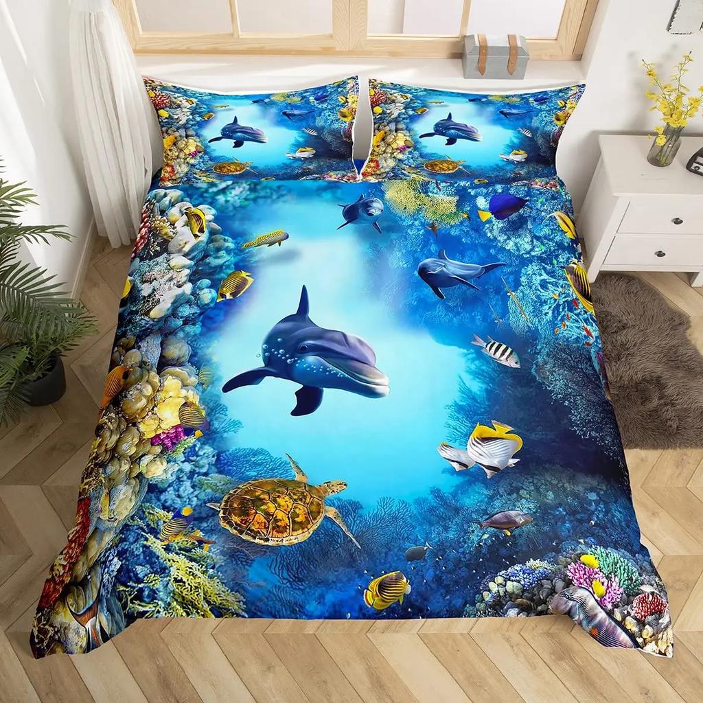 Cat Duvet Cover Set Watercolor Whale Fishing Bedding Set Ocean Sea Wave Comforter Cover Marine Nautical Themed Bedspread Cover