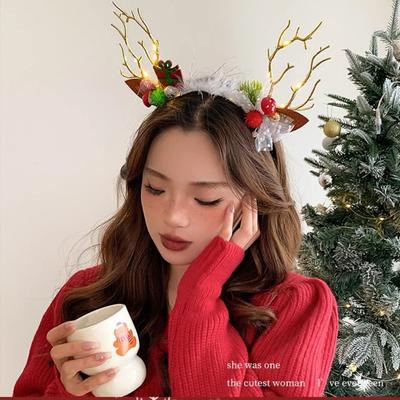 Plush LED Christmas Headband Glowing Elk Hair Hoop Elk Antlers Headband Glitter Santa Glowing New Year Headband LED Light Toy