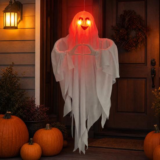 Halloween Ghost Pendant, Heart Hand Gesture Cloaked Ghost Messenger Statue, Luminous Eyes Light Up, Halloween Outdoor Lawn Ornament, Haunted House