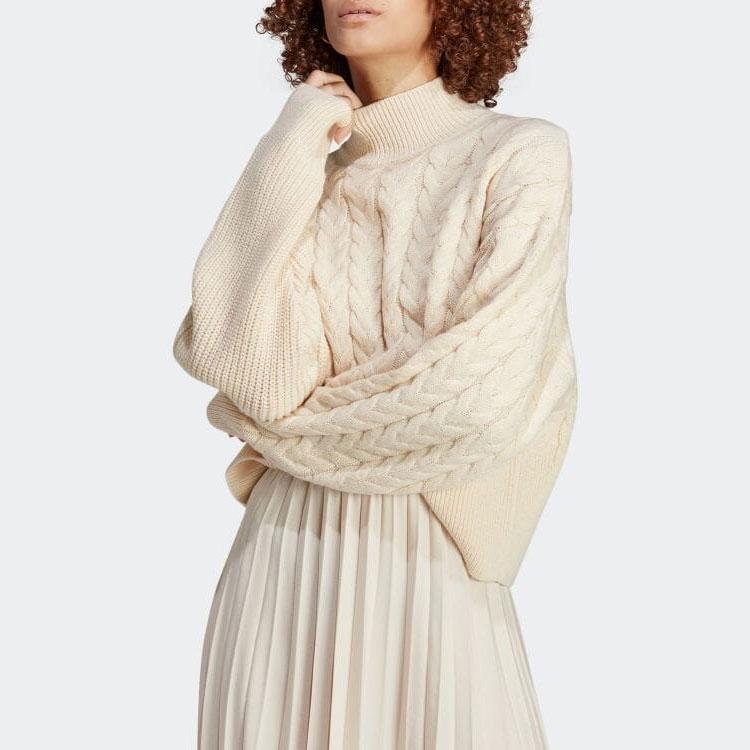 adidas Originals Trefoil Solid Logo Cable Knit Turtleneck Sweater Long Sleeve Women Tops Off-White IC5221