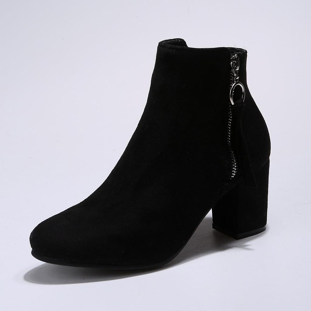 2023 European & American Plus Size Chunky Heel Round Toe Zipper High Heels
