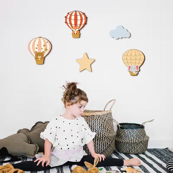 5Pcs/Set Hot Air Balloon Wall Decoration Farmhouse Rustic Wooden Star Cloud Wall Art Home Office Living Room Wall Hanging Ornament