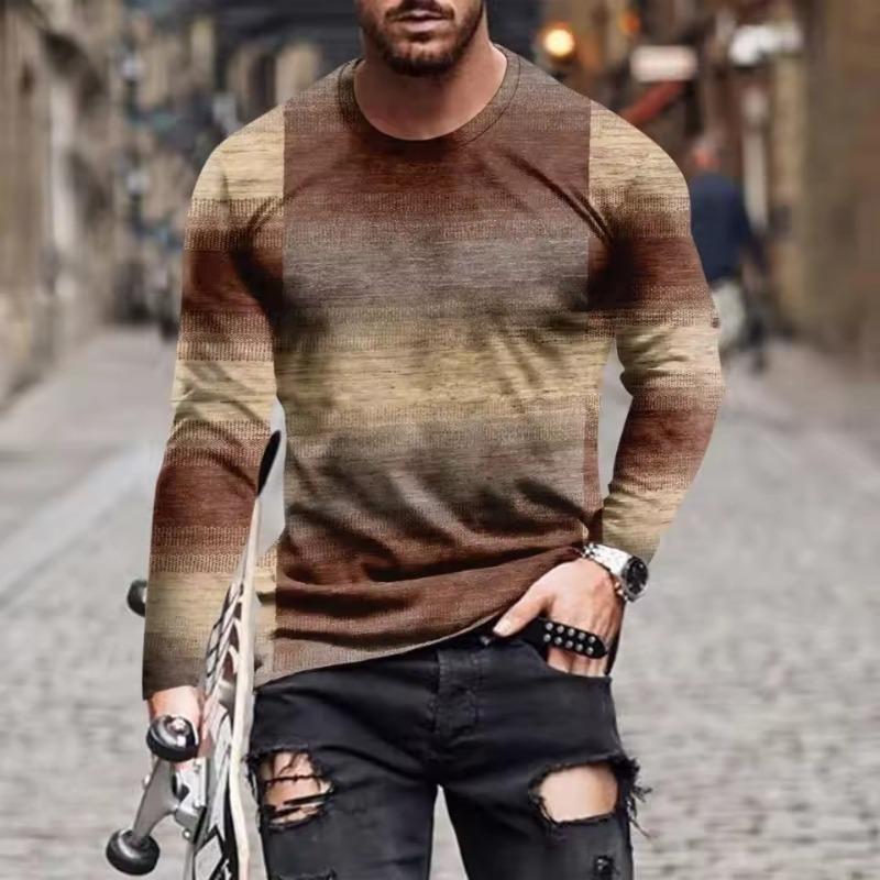 Men's Spring Summer Long Sleeve T-Shirt Green Geometric Patchwork Print Casual Streetwear