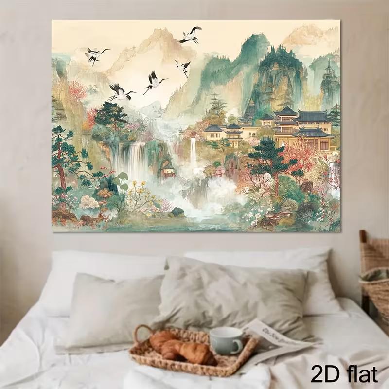 2D Chinese Temple Waterfall Crane Backdrop for Wall Hanging Decor