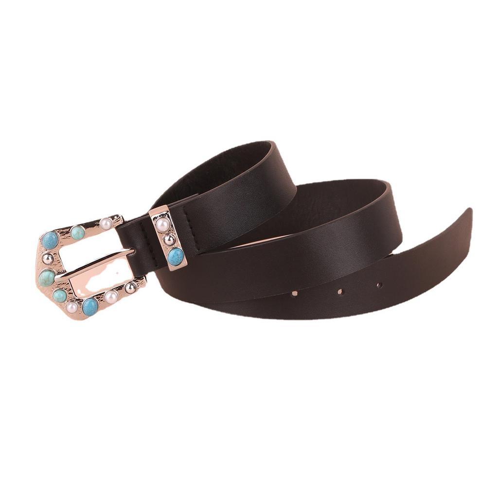 Blue Gemstone Inlaid Retro Classic Black Belt Diamond-encrusted Women's Flat Belt