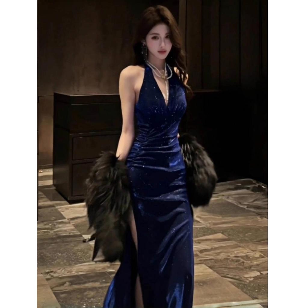 Rochie de Ziua de Naștere Albastru Francez Scânteietoare cu Gât Halter - Elegantă, Sexy și Trendy Rochie 2025