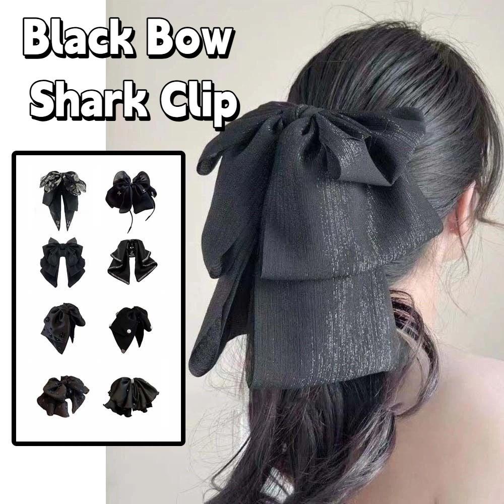 Beads Black Bow Shark Clip French Style Women Sequin Hairgrips Shiny Rhinestone Hair Claw Daily