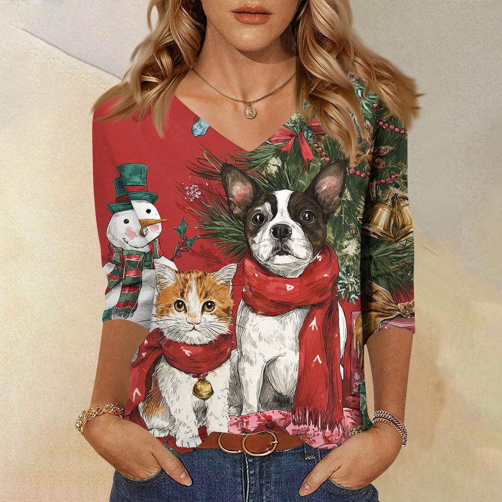 3/4 Sleeve Shirts For Women Print Christmas Tees Blouses Casual Plus Size Basic Tops Pullover