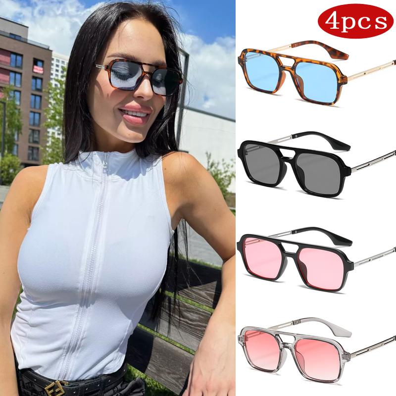 

4pcs Fashion Small Frame Square Sunglasses Woman Luxury Colorful Design Fashion Sun Glasses Female Vintage Leopard Blue Oculos
