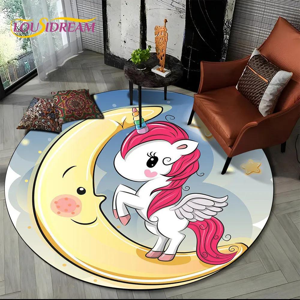 3D Cartoon Unicorn Animal Round Area Rug,Circle Carpet Rug for Living Room Children's Bedroom Sofa Decor,Kid Non-slip Floor Mat