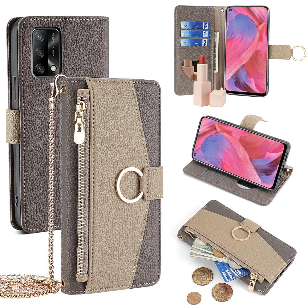 

For Oppo F19/A74 4G Leather Case Zipper Wallet Phone Bag Cover with Chain Strap E