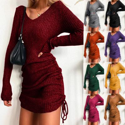 Knitted Sweater V-neck Long-sleeved Women's Autumn and Winter Sexy Slim-fit Ribbed Skirt Pleated Drawstring Bottoming Skirt