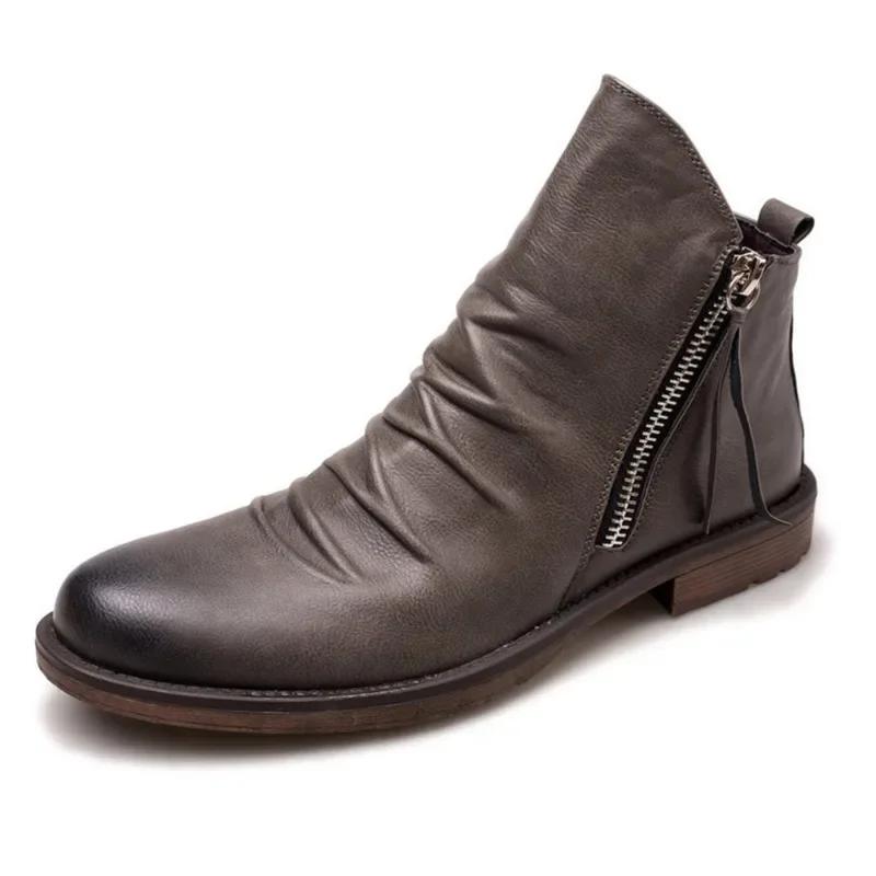 Men's Work Boots New Boots Leather Ankle Boots Double Side Zipper Non-slip Shoe for Men Platform Boots