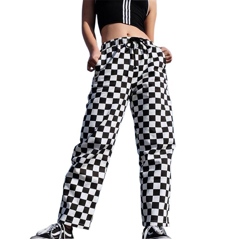 Marka VANGULL damskie spodnie w kratę wysokiej talii w kratkę proste luźne spodnie dresowe spodnie Pantalon Femme spodnie dresowe